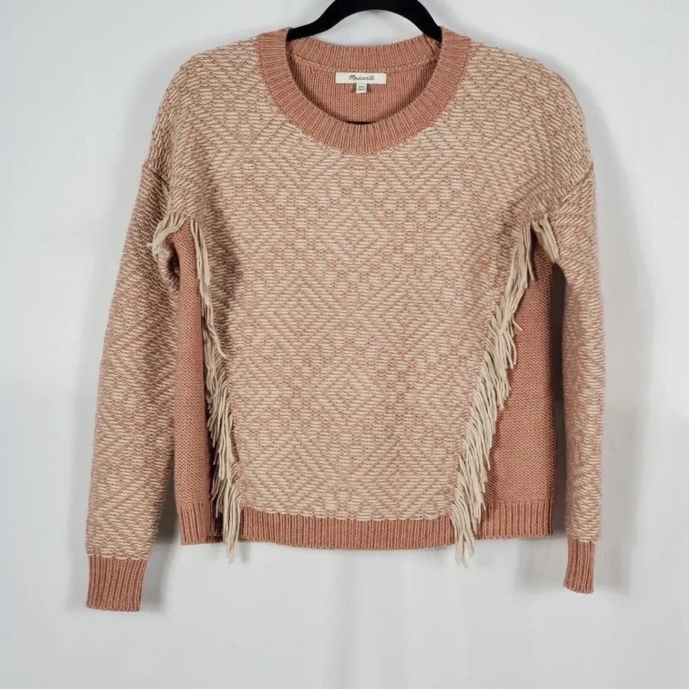 Madewell Reverse-Diamond Fringe Pullover Sweater in Dusty Rose- XXS